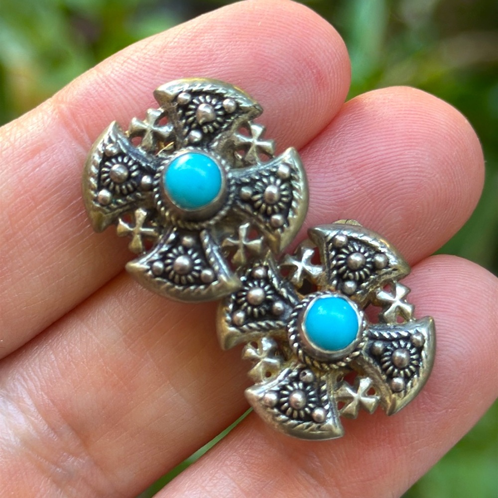 Vintage Jerusalem Cross with Turquoise Earrings